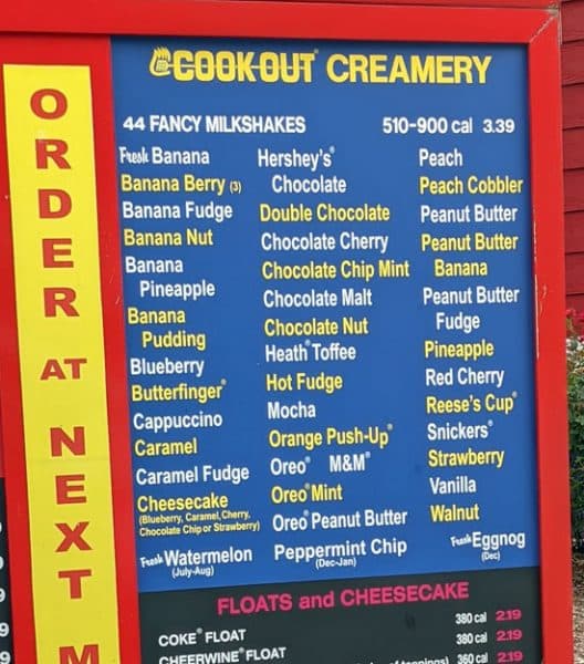 cookout milkshake flavors menu