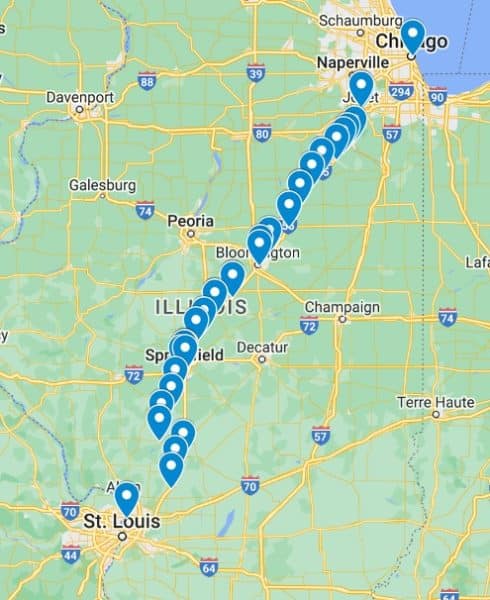 chicago to st. louis road trip map via illinois route 66