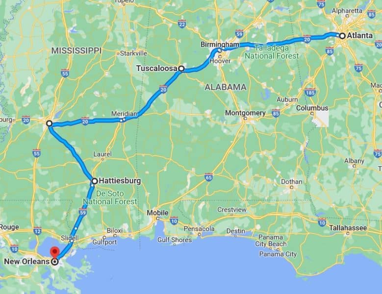 atlanta to new orleans drive road trip map